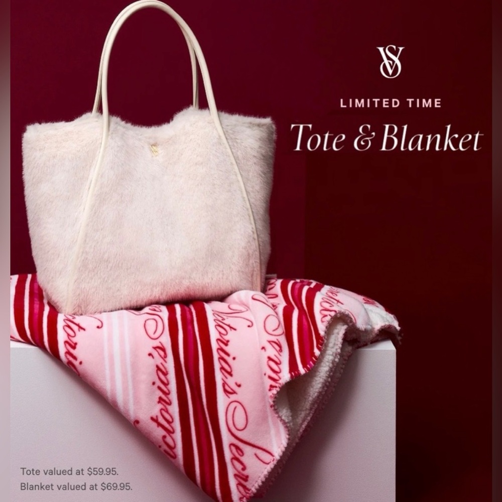 New Victoria's Secret White Tote and Pink Sherpa Blanket Set Limited Edition